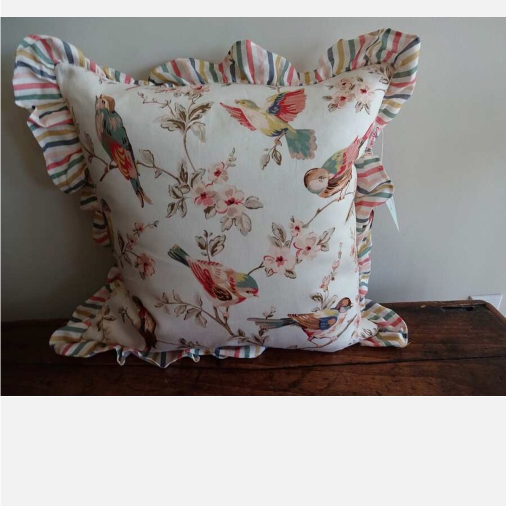 Cath Kidston Floral Bird Pillow with Striped Ruffle